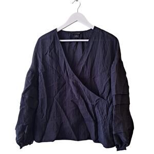 Club Monaco Womens Navy Blue V-neck Faux Wrap Bishops Sleeves Blouse- size M